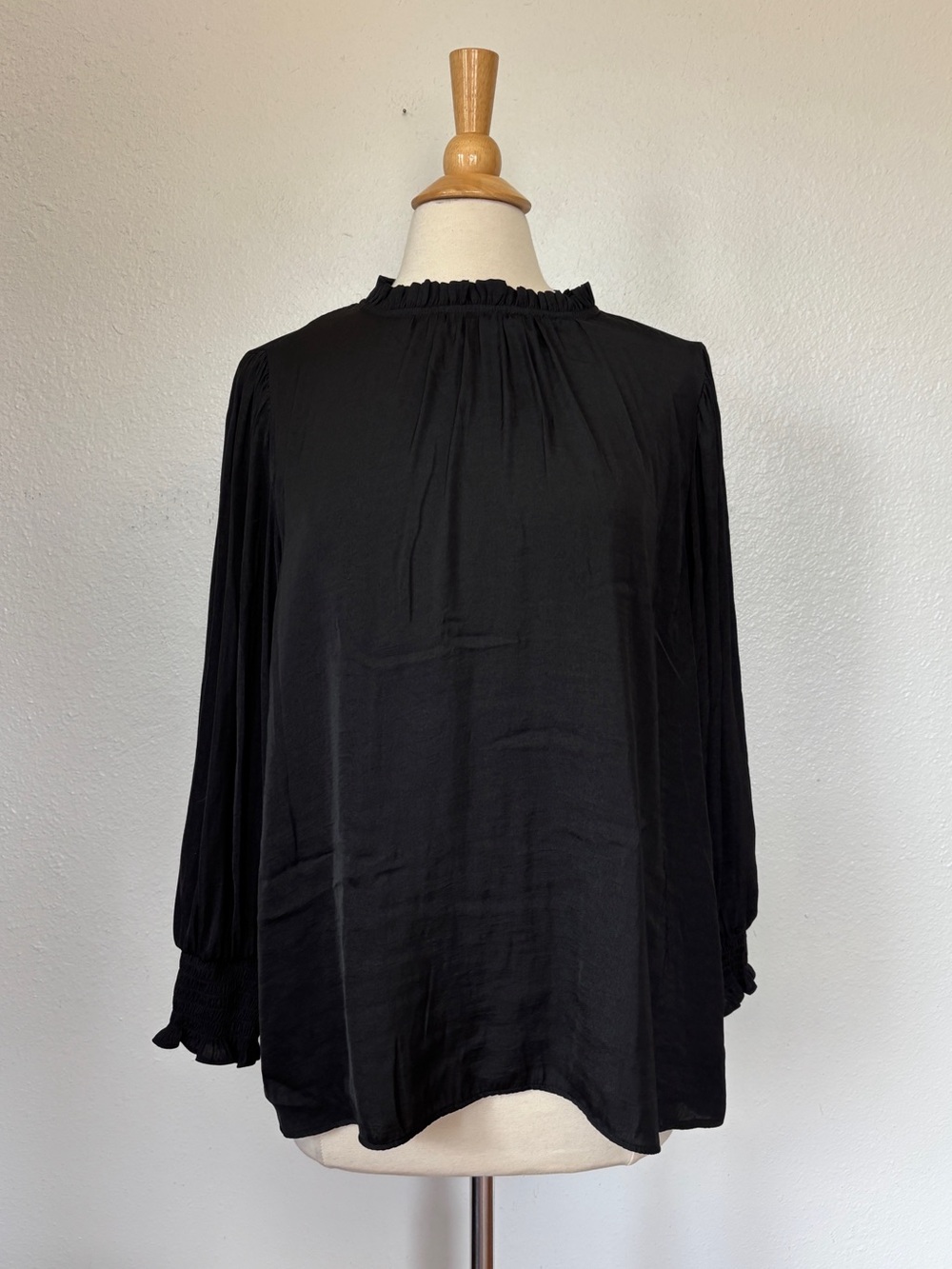 Solid Black Silky Ruffle Accent Long Sleeve Blouse